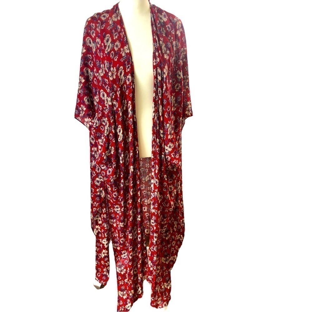 American Eagle Gauzy Duster Women One Size  Red with White Flowers  Armhole Open